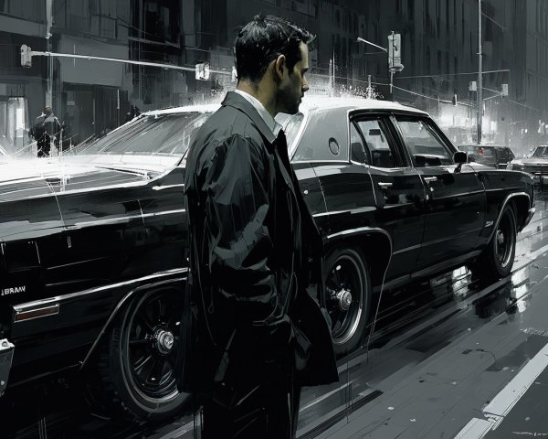 Lone Figure by Classic Car on Rainy Urban Street