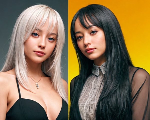 Two Young Women with Distinct Hairstyles and Colors