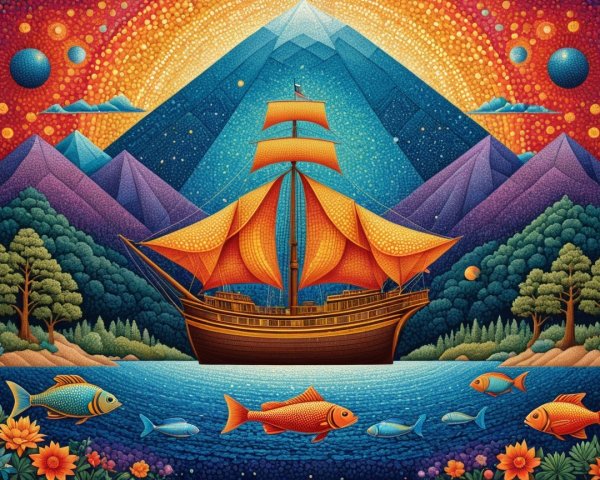 Majestic Ship with Orange Sails in Colorful Landscape