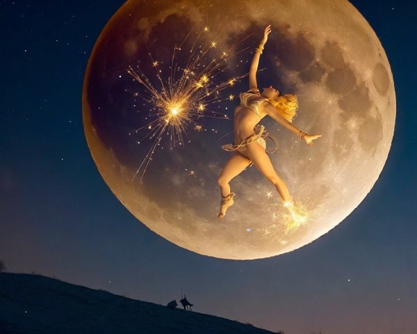 Graceful figure leaps under a glowing moonlit sky