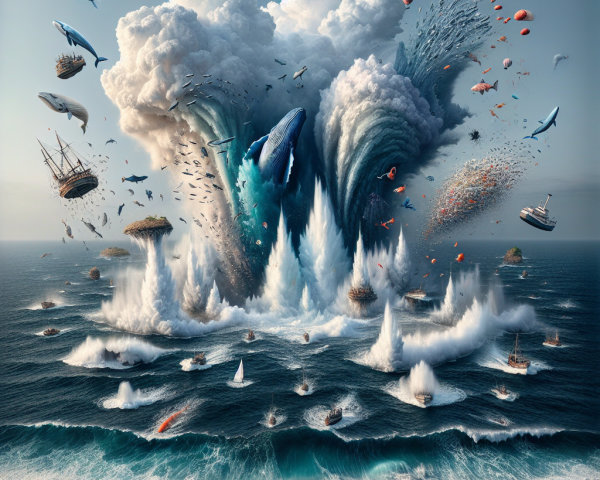 Colossal Waves and Marine Life Amidst Colorful Chaos