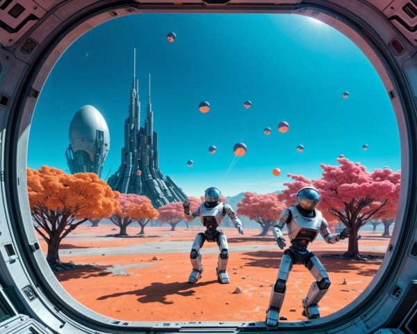 Astronauts Exploring Vibrant Alien Landscape with Structures