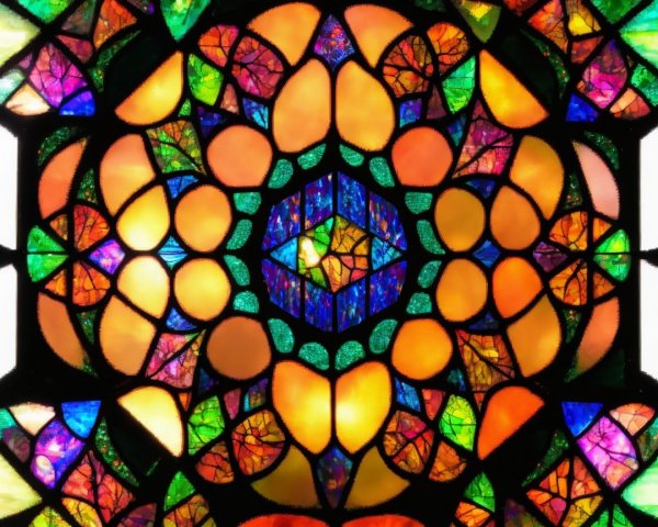 Vibrant Stained Glass Window with Floral Patterns