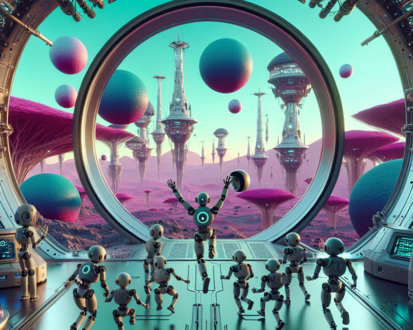 Futuristic Landscape with Robots and Fantastical Structures
