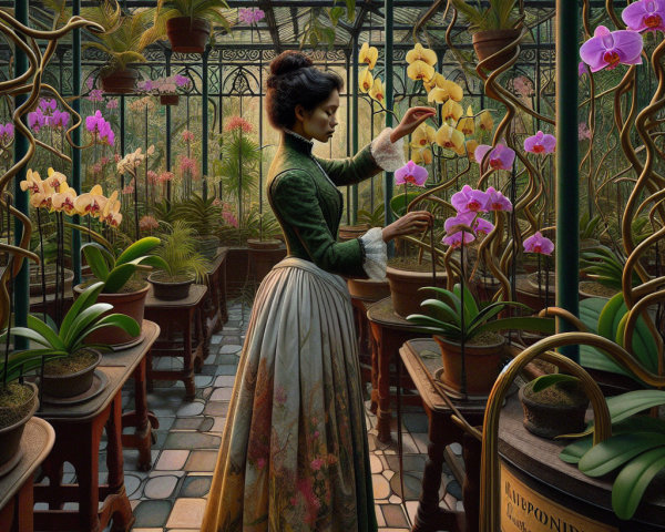 Woman in Vintage Dress Tending to Orchids in Greenhouse