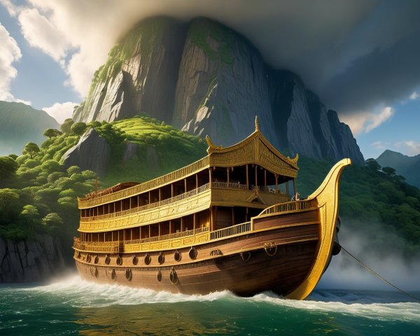 Traditional Boat in Serene Landscape with Golden Decor