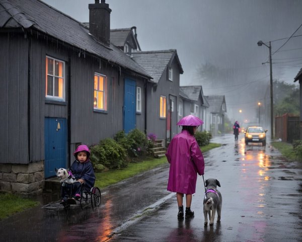 Children in Purple Raincoats in Rainy Village Scene