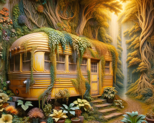 Vintage Bus Home in Lush Greenery by Waterfall