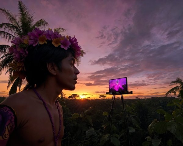 Young man with floral crown at sunset with technology