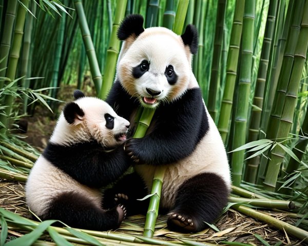 Panda and Cub Among Lush Bamboo Stalks