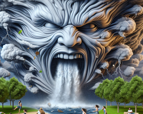 Gigantic Face in Storm Clouds with People Fleeing