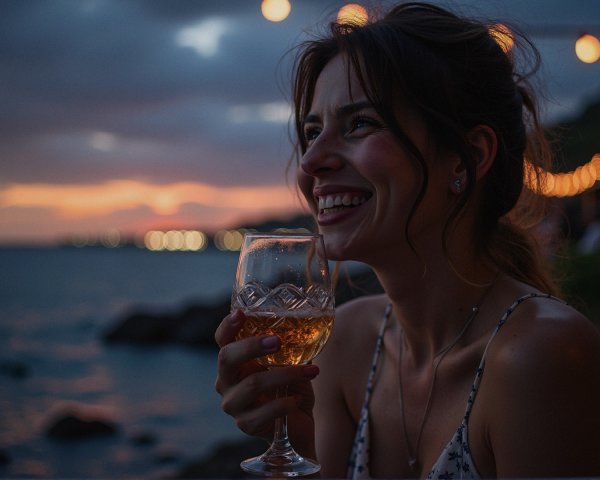 Young Woman in Sundress with Drink at Seaside Sunset