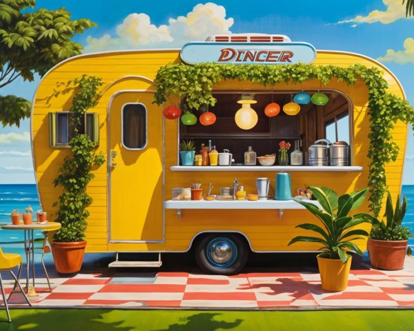 Vibrant Yellow Food Trailer at Picturesque Beach