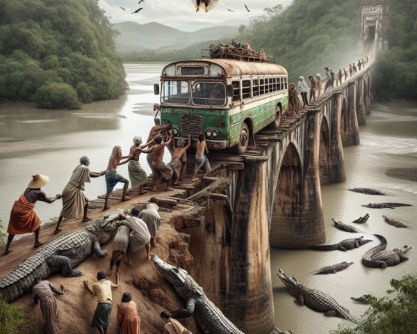 Group pushes green bus across crumbling bridge with crocodiles