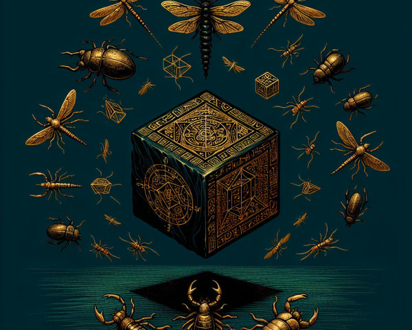Mystical Cube Surrounded by Gold Insects on Blue Background