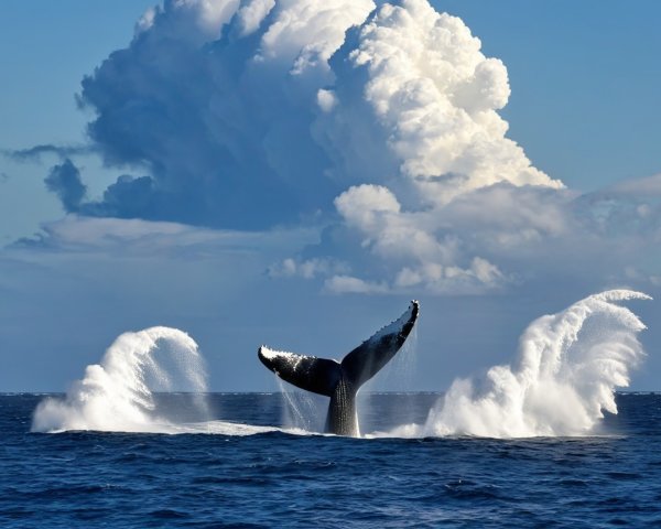 Whale Breaching in Vibrant Ocean Setting with Clouds