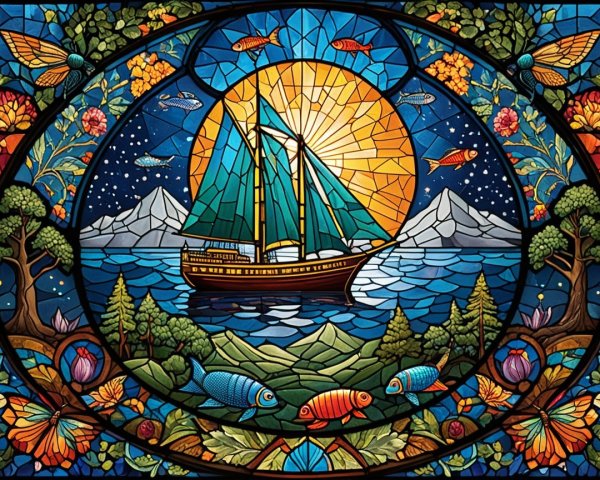 Vibrant Stained Glass Scene of Ship and Nature