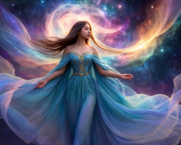 Young Woman in Cosmic Setting with Flowing Gown