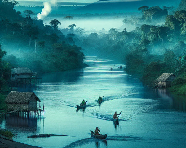 Serene River Landscape with Boats and Crocodiles