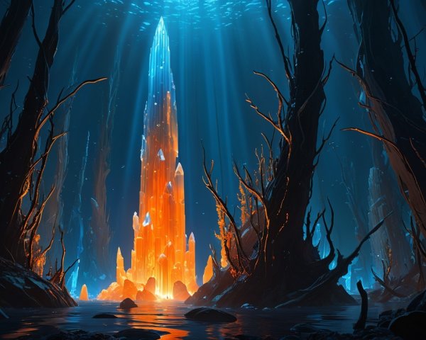 Surreal Underground Cavern with Fiery Crystal Formation