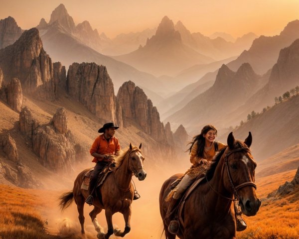 Riders in a Mountain Landscape at Sunset