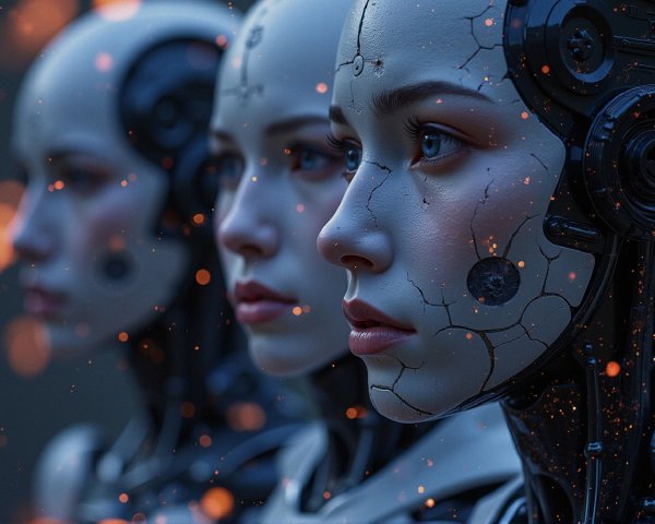 Futuristic humanoid robots with metallic skin and circuitry