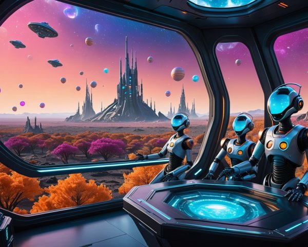 Futuristic Spacecraft with Robots and Alien Landscape