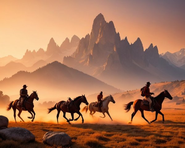 Sunset Over Rugged Mountains with Galloping Cowboys