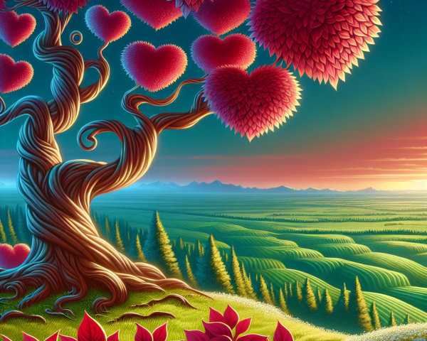 Whimsical Tree with Heart-Shaped Leaves at Sunset