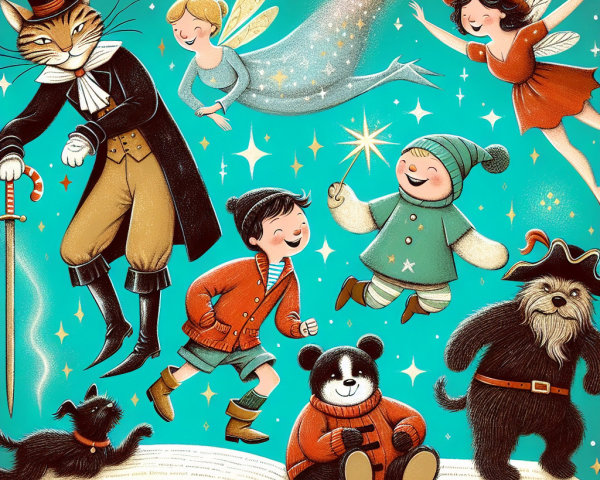 Whimsical Cat in Tuxedo Dances with Children and Fairies