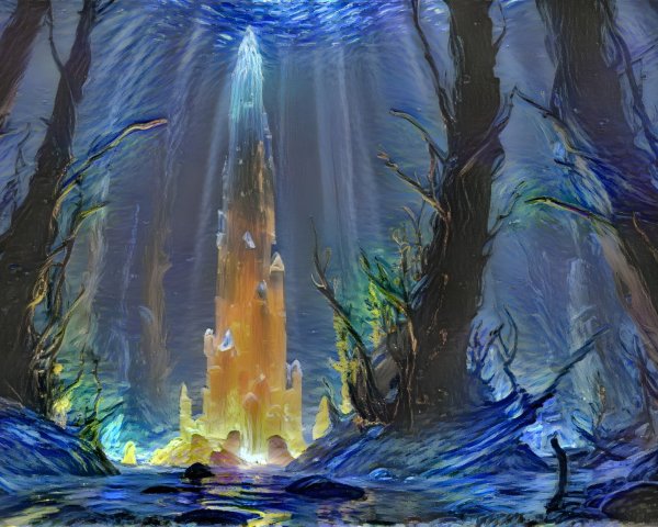Mystical forest with glowing crystal formation and water