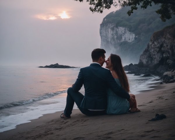 Couple on Beach at Sunset with Serene Atmosphere