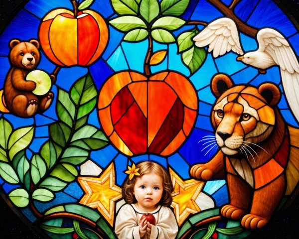 Stained Glass Artwork of Child with Apple and Animals