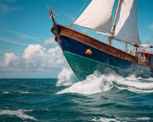 Vibrant Sailing Ship on Turquoise Waters with Clouds