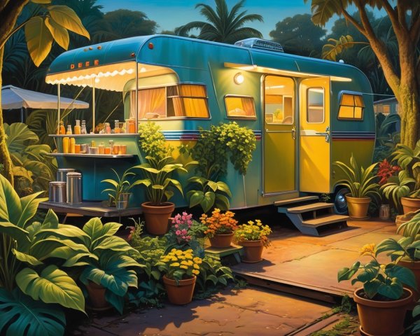 Vintage trailer surrounded by greenery and flowers