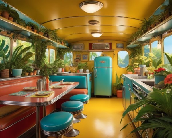 Vibrant Retro Diner Interior with Bright Colors and Decor