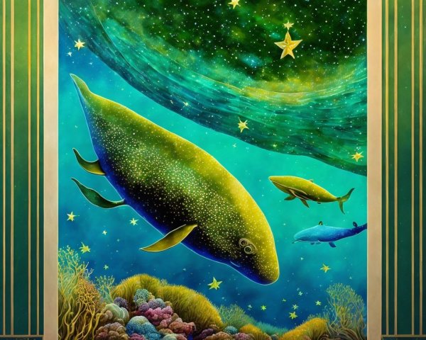 Vibrant Underwater Scene with Whales and Galaxy