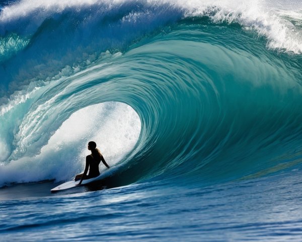 Surfer Riding a Turquoise Wave in Deep Blue Ocean