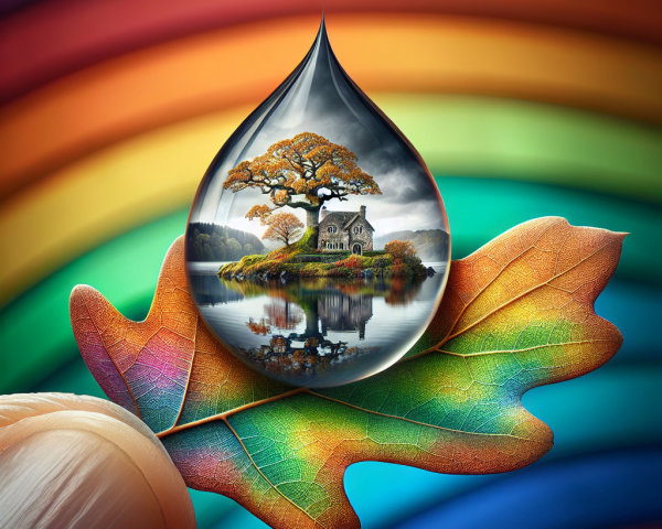 Vibrant Raindrop on Leaf with House and Rainbow Scene