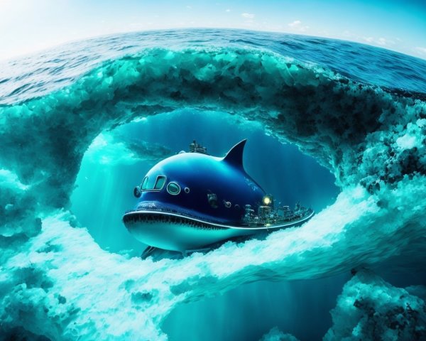 Futuristic submarine resembling a fish in vibrant ocean