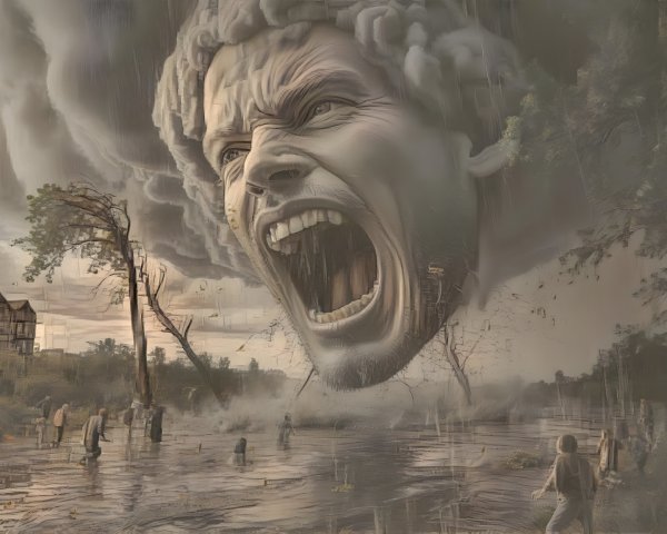 Giant Face in Stormy Clouds Over Flooded Landscape