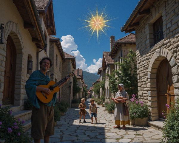 Village Scene with Guitarist and Dancing Children
