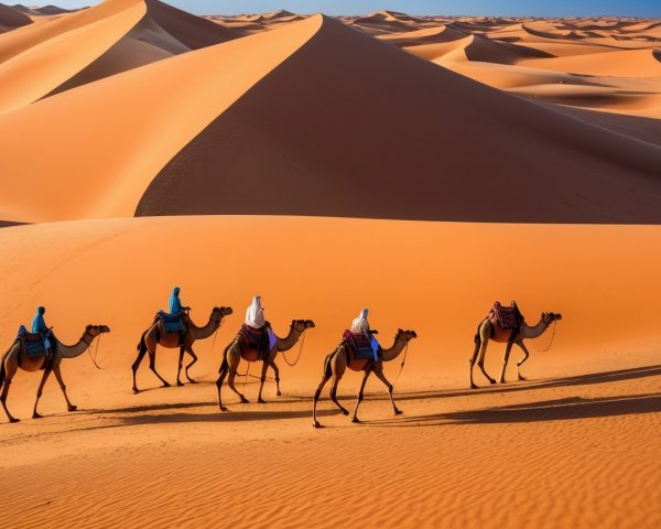 Camels Walking Across Orange Sand Dunes Under Blue Sky