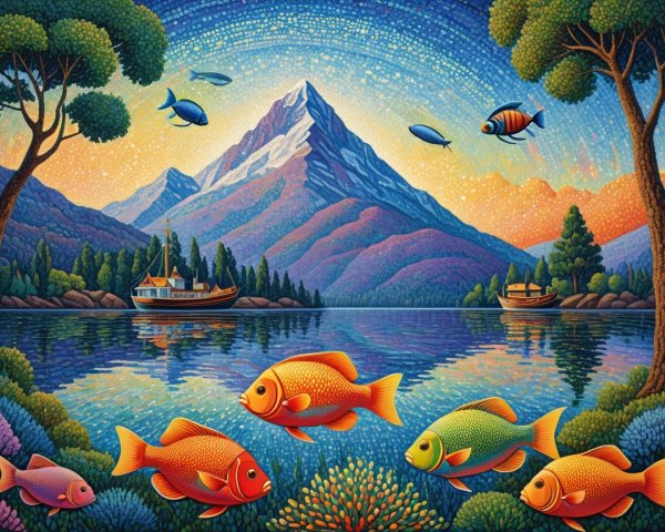 Vibrant Landscape with Lake, Mountain, and Colorful Fish