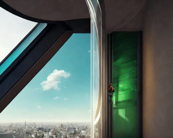 Futuristic Skyscraper with Glass Facade and Climber