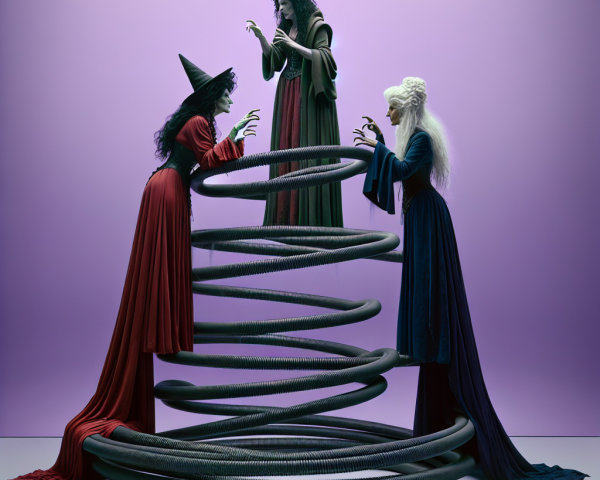 Witch-like Figures in Dark Coils with Mystical Atmosphere