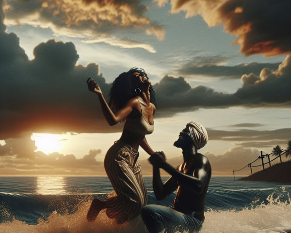 Couple Playing in Surf at Sunset with Dramatic Clouds