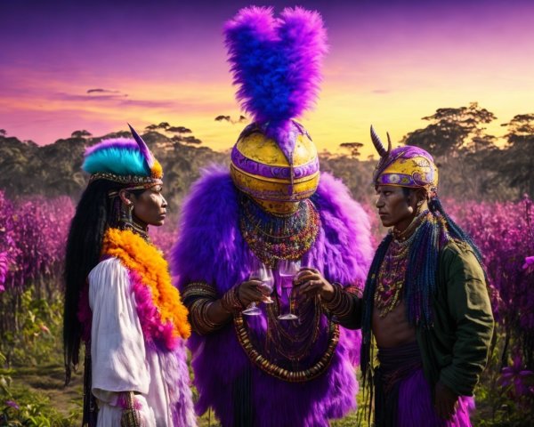 Ceremonial Gathering in a Flower-Filled Landscape