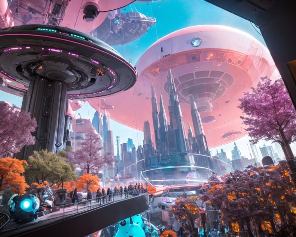 Futuristic cityscape with skyscrapers and spacecraft