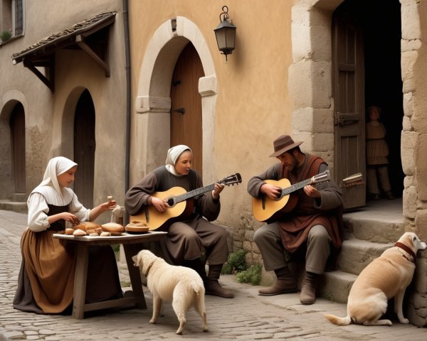Village Scene with Musicians and Rustic Setting